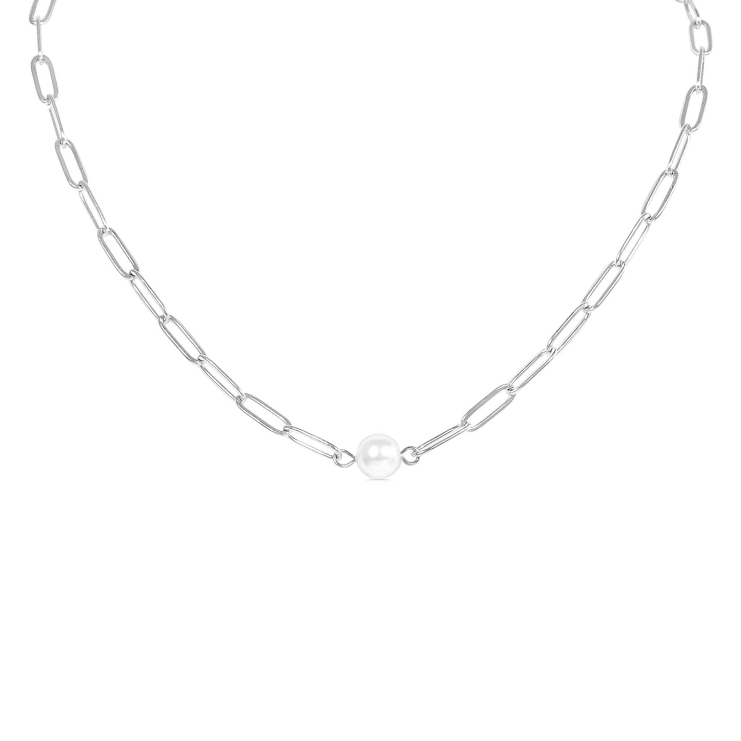 Stainless Steel Paperclip Necklace With Pearl