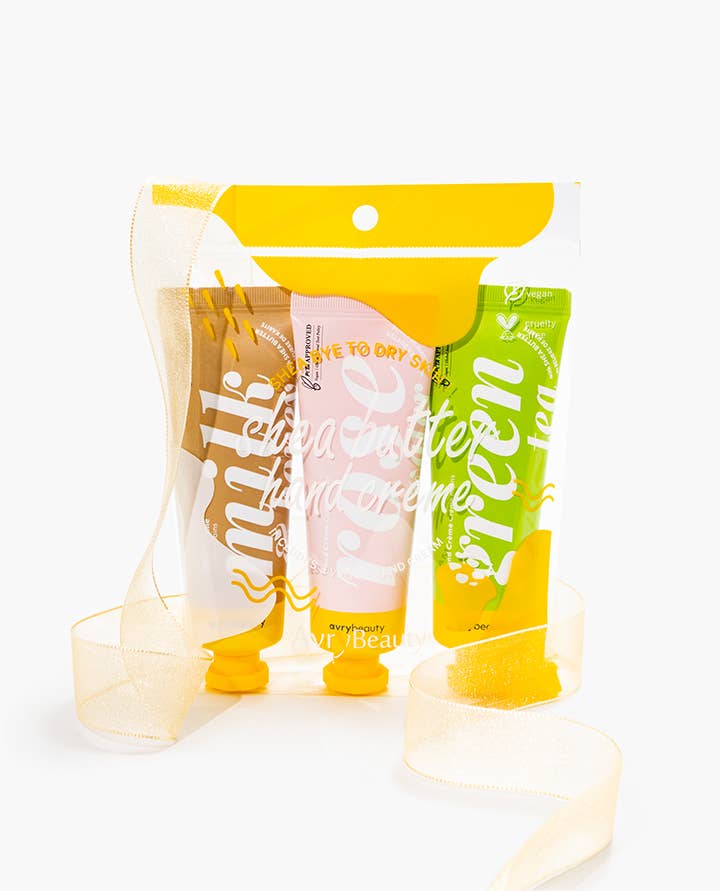 Trío de lociones de manteca de karité (leche y miel, rosa y té verde) POS