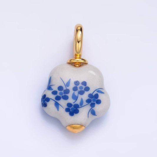 Blue Flower Ceramic Porcelain Charm - Gold Filled