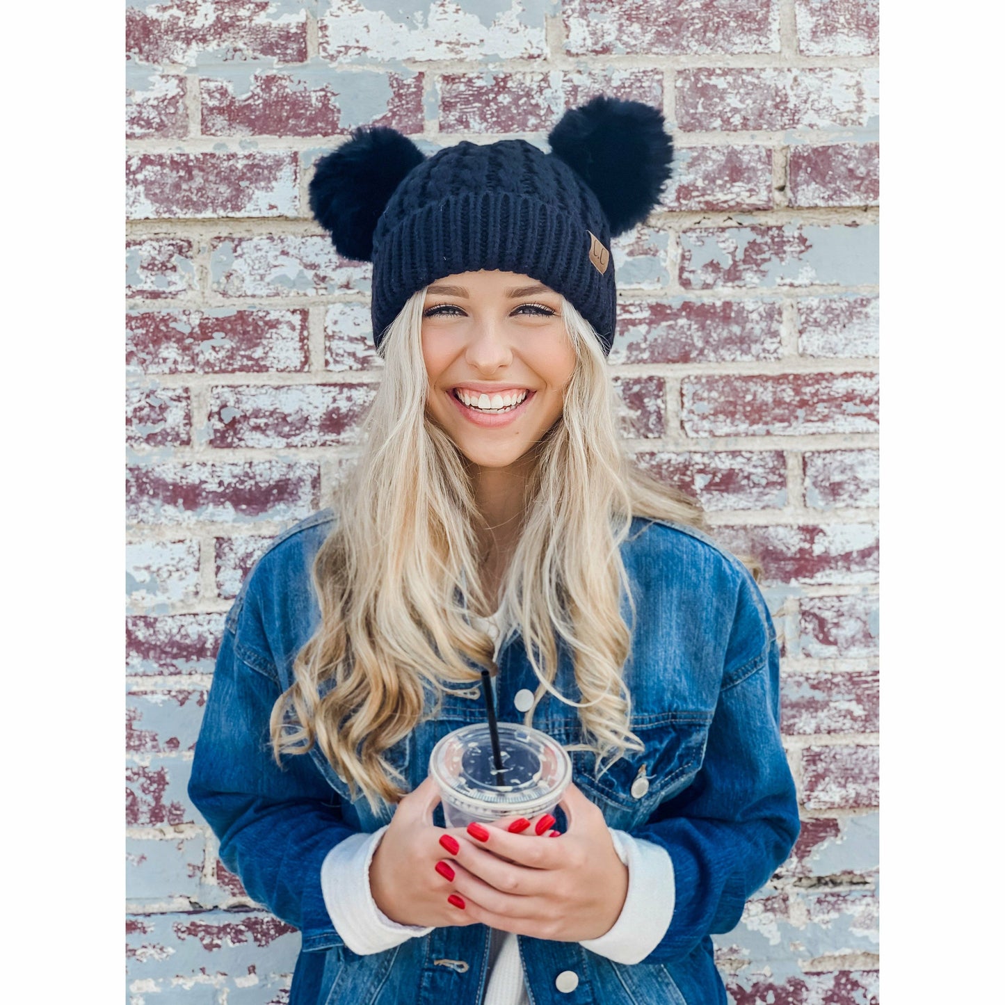 Cable Knit Double Matching Pom Beanie