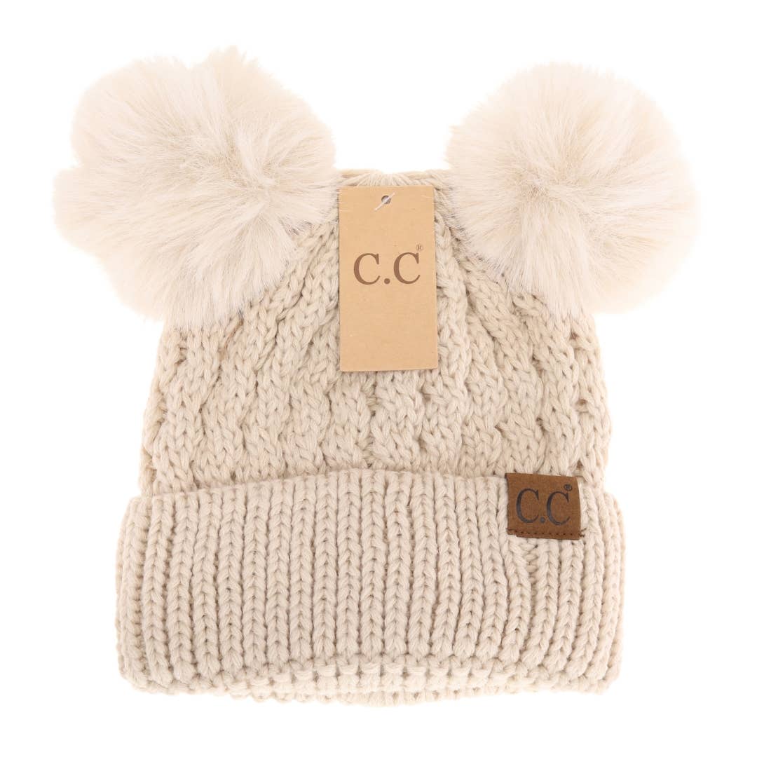 Cable Knit Double Matching Pom Beanie