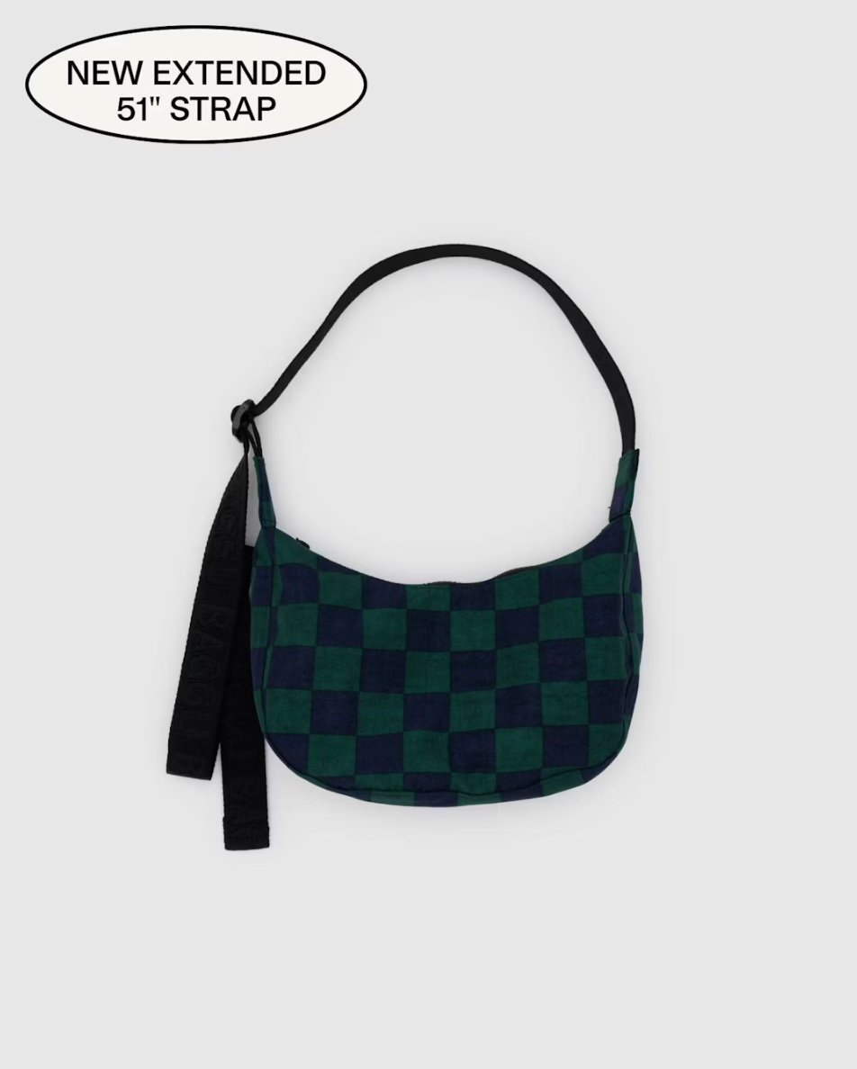 Navy Green Check Small Nylon Crescent Bag