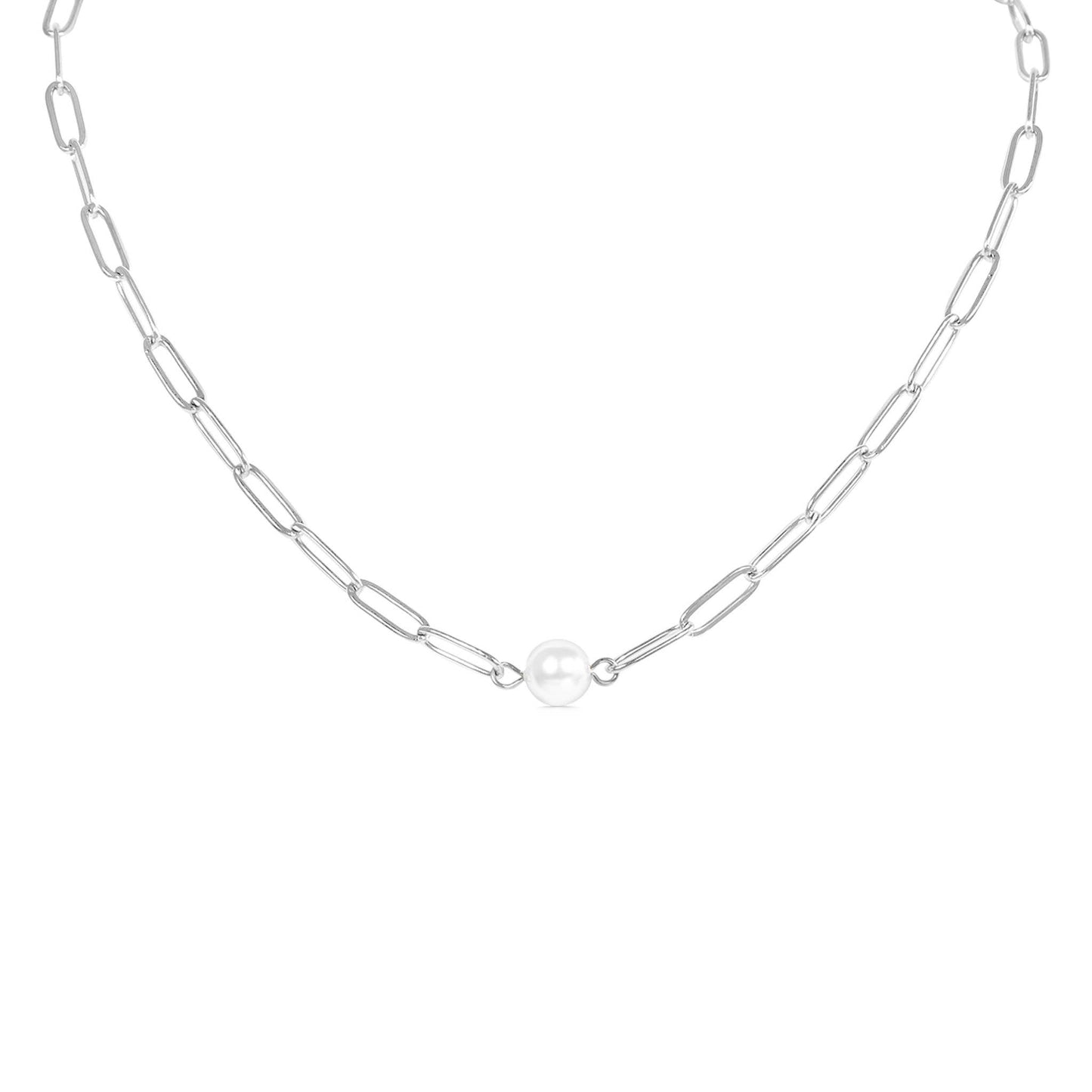 Stainless Steel Paperclip Necklace With Pearl