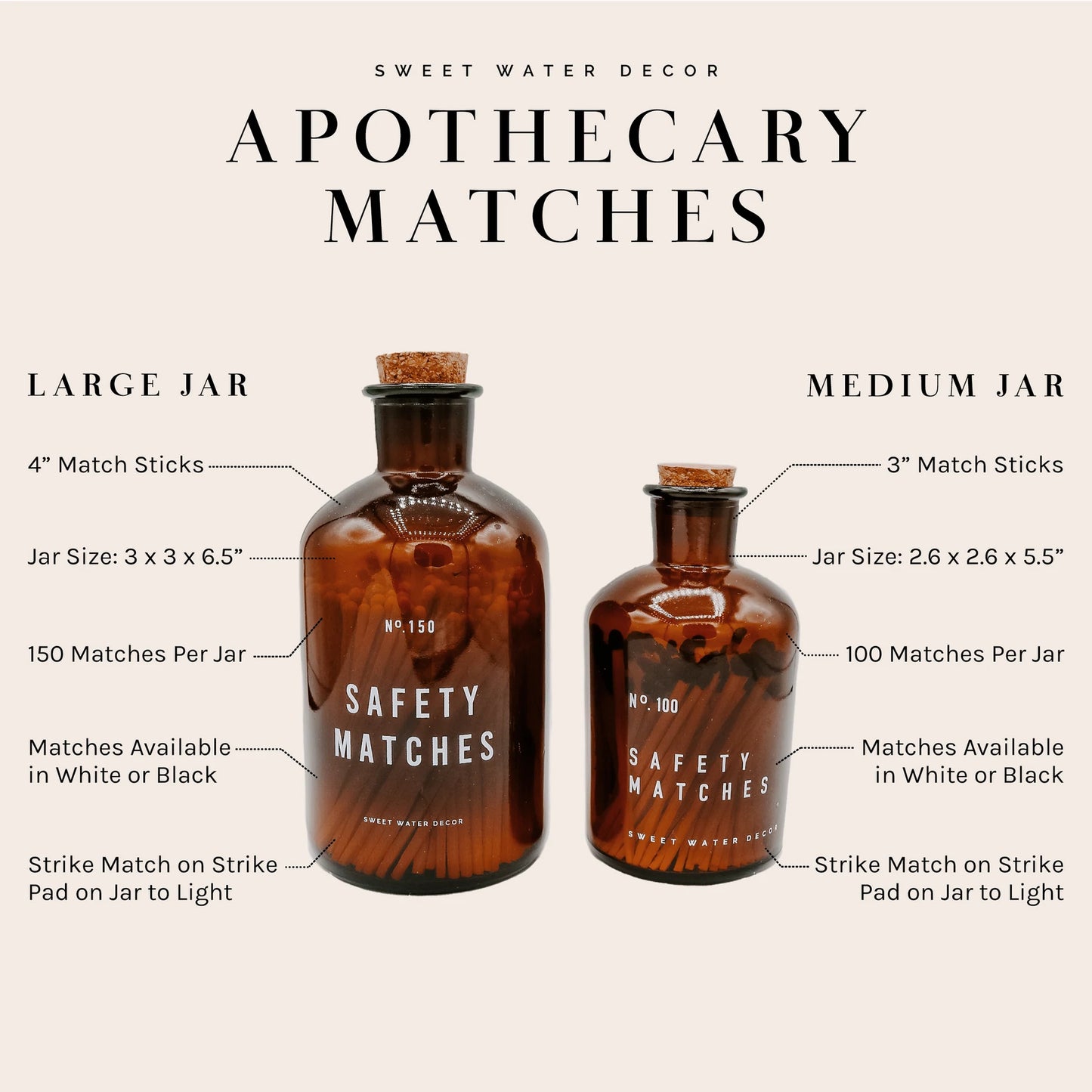 Black Safety Matches - Medium Amber Apothecary Jar
